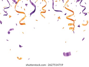 Purple and orange confetti, ribbon banner, celebration festive decorations background