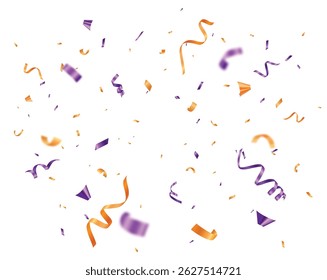 Confettis violets et oranges, bannière ruban, arrière-plan célébration et décorations festives