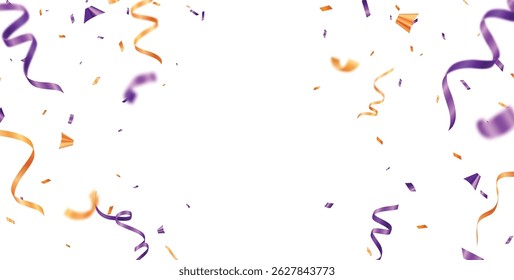 Purple and orange confetti, ribbon banner, celebration festive decorations background