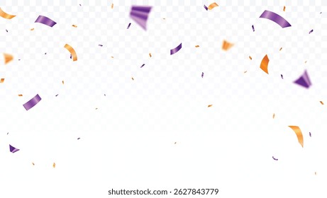Confettis violets et oranges, bannière ruban, arrière-plan célébration et décorations festives