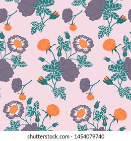 Purple and orange flowers in an elegant pattern design, that can be used both on the web or in print for surface design