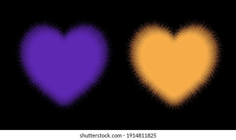 Corazones esponjosos morados y anaranjados. Ilustración vectorial.