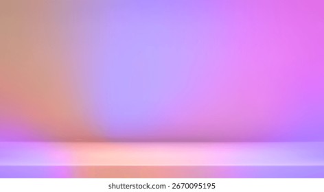 Violett-orangefarbenes Farbverlauf-Studiozimmer. Heller Limbo-Hintergrund. Abstrakte 3D violett Hintergrund Produktpräsentation. Minimale Herbstwandszene. Display für Verkaufsförderaktionen. Vektorstadium-Mustergrafik