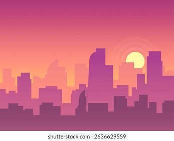 Purple and orange gradient sunset over a modern city skyline with skyscrapers and office buildings creating a vibrant and colorful urban landscape