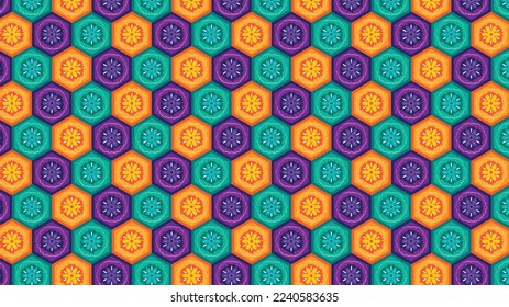 purple, orange, and green hexagon patterns mandala art style