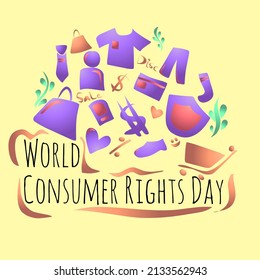 purple, orange and green logo vector for groceries and other goods on a cream color background in commemoration of world consumer rights day
