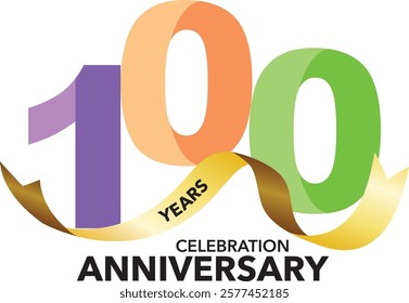 purple orange and green monochrome color number 100 with gold ribbon and word years anniversary celebration black color are at the bottom.