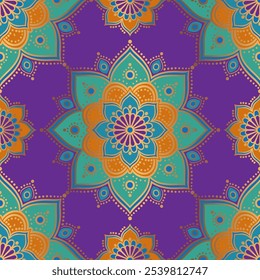 Patrón transparente púrpura, naranja y verde con adorno de mandala. Motivos tradicionales árabes e indios. Ideal para la tela y la materia textil, el Fondo de pantalla, el embalaje o cualquier idea deseada.