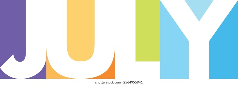 purple orange green and sky blue colors square shape with word july white color, isolated on white background.