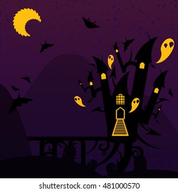 Purple and orange halloween castle. Nice vector illustration
