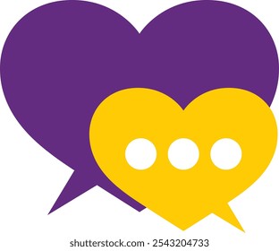 purple and orange heart shape chat speech bubble, vector illustration isolated on white background.