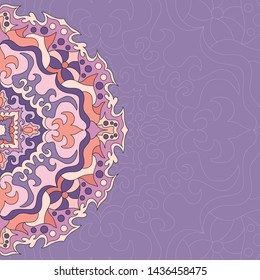 Purple and orange mandala background. Vector illustration. Meditation poster. Pastel colors. 