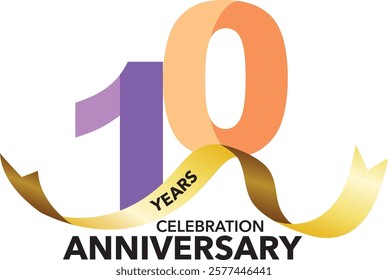 purple and orange monochrome color number 10 with gold ribbon and word years anniversary celebration black color are at the bottom.