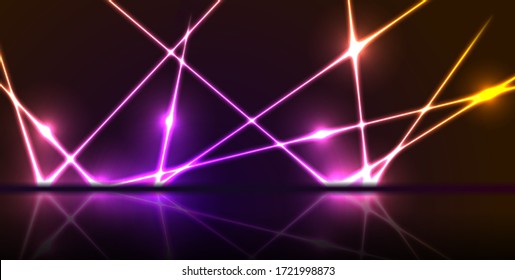 Purple and orange neon laser lines with reflection. Abstract rays technology retro background. Futuristic glowing graphic design. Modern vector illustration