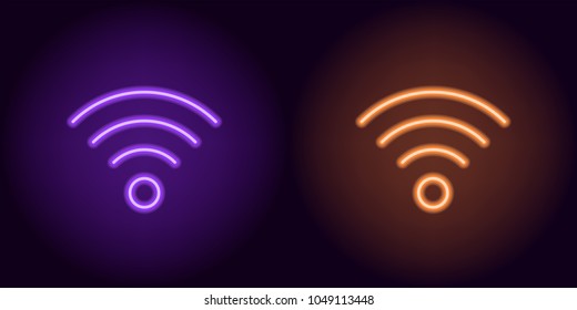 Purple and orange neon wi-fi sign. Vector silhouette of neon wi-fi zone consisting of outlines, with backlight on the dark background