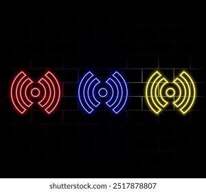 Lila und orange Neon Wi-Fi-Zeichen. Vektorsilhouette der Neon-Wi-Fi-Zone, bestehend aus Umrissen, mit Hintergrundbeleuchtung auf dunklem Hintergrund.