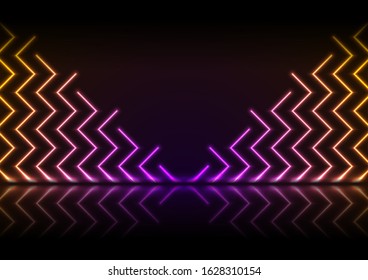 Violett-orangefarbene Zickzacklinien mit Reflexion. Abstrakte Mustertechnologie, Retrohintergrund. Futuristische leuchtende Vektorgrafik