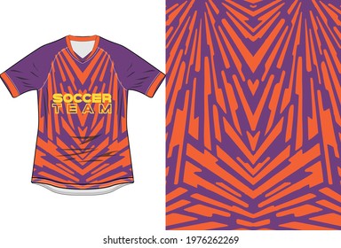 purple orange pattern geomteric Fabric textile pattern design for soccer jersey football kit racing e-sport or sport uniform. Front t-shirt mockup template design. Vector Illustration.