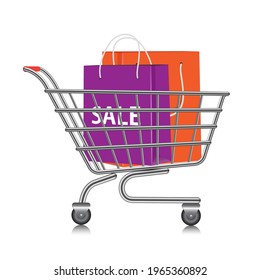 Purple and orange shopping bags in a shopping cart on a white background,shopping cart isolated for advertising design,vector 3d
