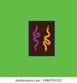 Purple and orange snakes on a blue and brown card