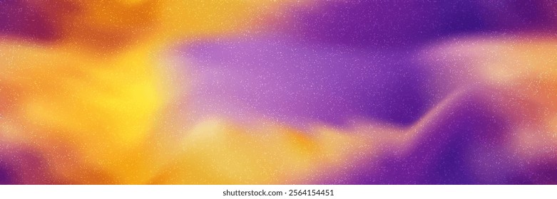 Purple orange swirls of clouds on sunset pre-storm sky in the form of a seamless bg with noise texture. Vibrant contrast blurred pattern with gradient mesh and overlay grain. Neon vector illustration