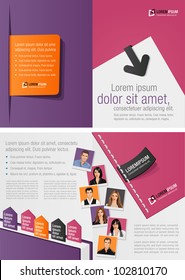 Purple and orange template for advertising brochure with business people