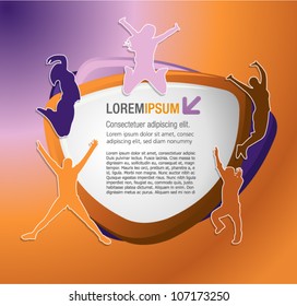 Purple and orange template for advertising brochure with people jumping