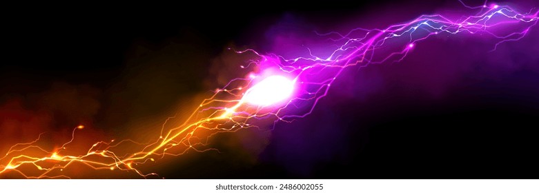 Purple and orange thunder collision with shock burst flash and neon glow light effect for vs design. Realistic vector illustration of two electric power lightning discharge for versus confrontation.