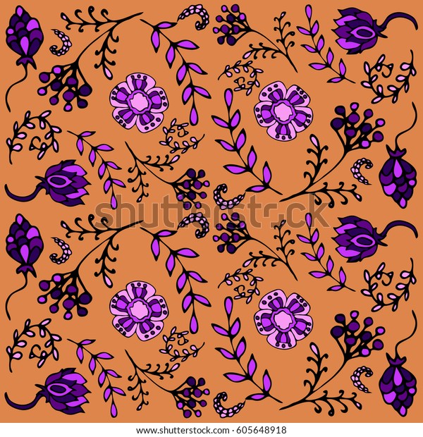 Purple Orange Vector Floral Pattern Scribble Stock Vector Royalty Free 605648918