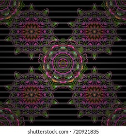 Purple and orange vector print on black background for design invitation, card, wallpaper, textile or fabric. Motley ornament seamless pattern.