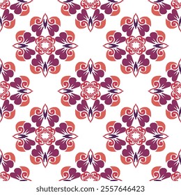 Purple, orange, and white embroidery, motif ethnic ikat seamless textile illustration, print striped ornament, pattern, design for wallpaper, and fabric textiles.