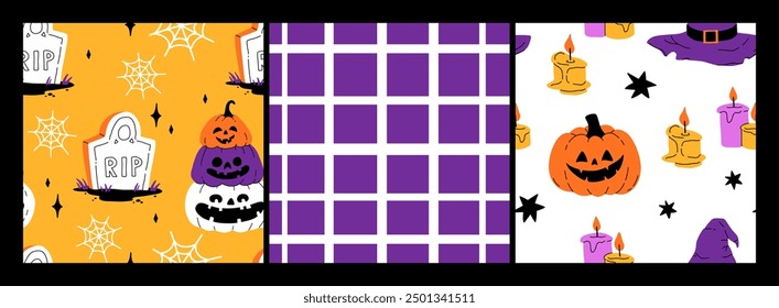 Púrpura, naranja, amarillo y negro impresiones sin fisuras con Elementos decorativos de Halloween - fantasma, calabaza, sculls. Personajes de Vector lindo, objetos de decoración - dulces, calabaza, bruja, fantasma, murciélago. Diseño de patrones