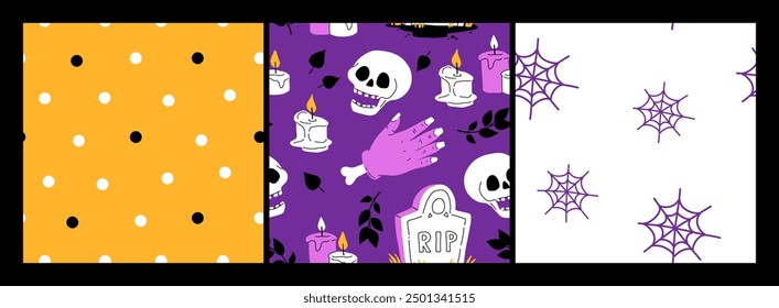 Purple, orange yellow and black seamless prints with Halloween decorative elements - ghost, pumpkin, sculls. Cute vector characters, decor objects - sweets, pumpkin, witch, ghost, bat. Pattern design