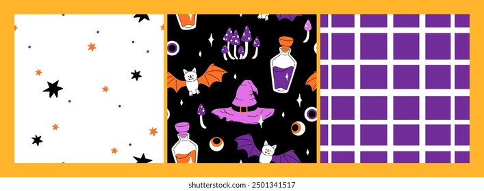 Púrpura, naranja, amarillo y negro impresiones sin fisuras con Elementos decorativos de Halloween - fantasma, calabaza, sculls. Personajes de Vector lindo, objetos de decoración - dulces, calabaza, bruja, fantasma, murciélago. Diseño de patrones