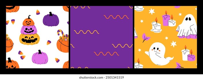 Purple, orange yellow and black seamless prints with Halloween decorative elements - ghost, pumpkin, sculls. Cute vector characters, decor objects - sweets, pumpkin, witch, ghost, bat. Pattern design