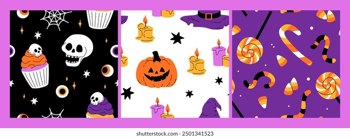 Purple, orange yellow and black seamless prints with Halloween decorative elements - ghost, pumpkin, sculls. Cute vector characters, decor objects - sweets, pumpkin, witch, ghost, bat. Pattern design