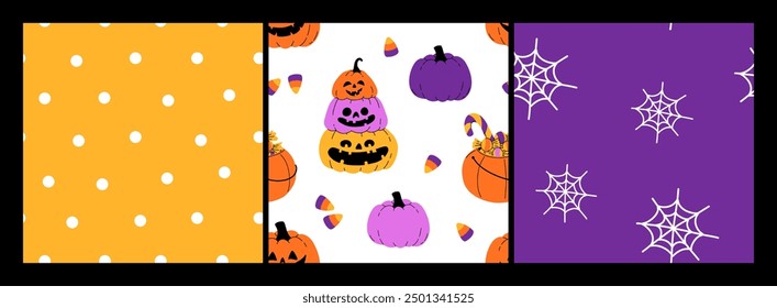 Purple, orange yellow and black seamless prints with Halloween decorative elements - ghost, pumpkin, sculls. Cute vector characters, decor objects - sweets, pumpkin, witch, ghost, bat. Pattern design