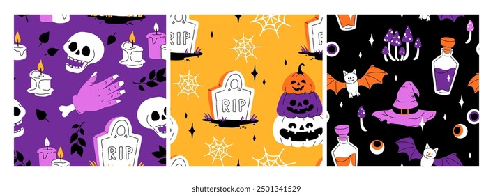 Purple, orange yellow and black seamless prints with Halloween decorative elements - ghost, pumpkin, sculls. Cute vector characters, decor objects - sweets, pumpkin, witch, ghost, bat. Pattern design