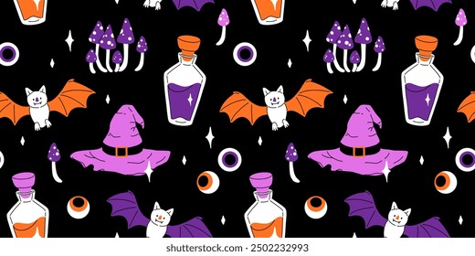 Purple, orange yellow and black seamless prints with Halloween decorative elements - ghost, pumpkin, sculls. Cute vector characters, decor objects - sweets, pumpkin, witch, ghost, bat. Pattern design