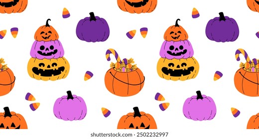 Púrpura, naranja, amarillo y negro impresiones sin fisuras con Elementos decorativos de Halloween - fantasma, calabaza, sculls. Personajes de Vector lindo, objetos de decoración - dulces, calabaza, bruja, fantasma, murciélago. Diseño de patrones