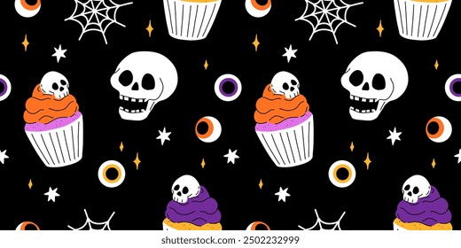 Purple, orange yellow and black seamless prints with Halloween decorative elements - ghost, pumpkin, sculls. Cute vector characters, decor objects - sweets, pumpkin, witch, ghost, bat. Pattern design