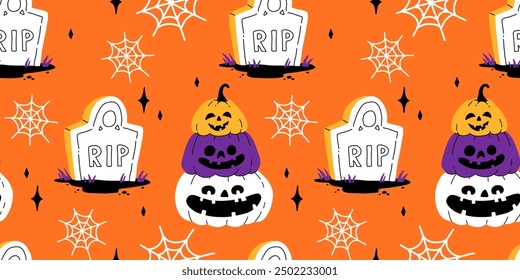 Purple, orange yellow and black seamless prints with Halloween decorative elements - ghost, pumpkin, sculls. Cute vector characters, decor objects - sweets, pumpkin, witch, ghost, bat. Pattern design