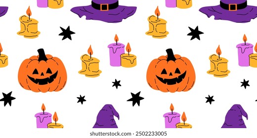 Púrpura, naranja, amarillo y negro impresiones sin fisuras con Elementos decorativos de Halloween - fantasma, calabaza, sculls. Personajes de Vector lindo, objetos de decoración - dulces, calabaza, bruja, fantasma, murciélago. Diseño de patrones