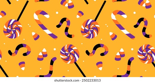 Purple, orange yellow and black seamless prints with Halloween decorative elements - ghost, pumpkin, sculls. Cute vector characters, decor objects - sweets, pumpkin, witch, ghost, bat. Pattern design