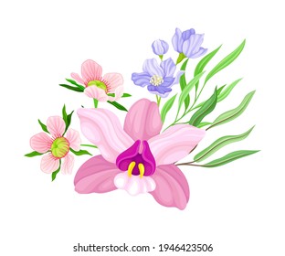 Purple Orchid Bloom with Labellum Arranged with Floral Branches Vector Illustration