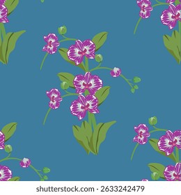 Purple Orchid Floral Pattern on Teal Background ,
Seamless Tropical Orchid Blossom Pattern