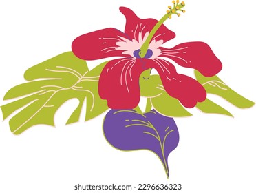 purple orchid flower. Hibiscus flower. Vector illustration isolated on white background.