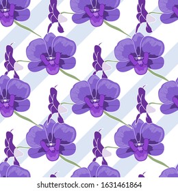 Purple orchid flowers seamless pattern on blue pastel diagonal stripes