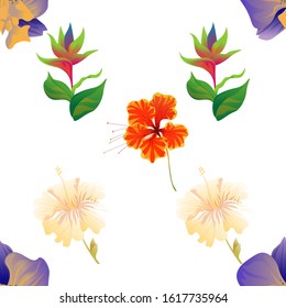Purple Orchid. Green bird of paradise. Yellow hibiscus. Orange Rose Mallow. Vector illustration. Seamless background pattern. Floral botanical flower. Wild leaf wildflower isolated. Exotic tropical.