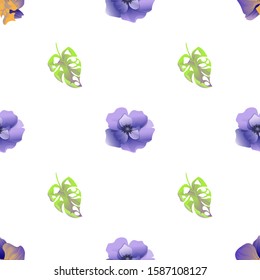 Purple Orchid. Green Monstera. Violet Anemone. Vector illustration. Seamless background pattern. Floral botanical flower. Wild leaf wildflower isolated. Exotic tropical hawaiian jungle. Fabric.